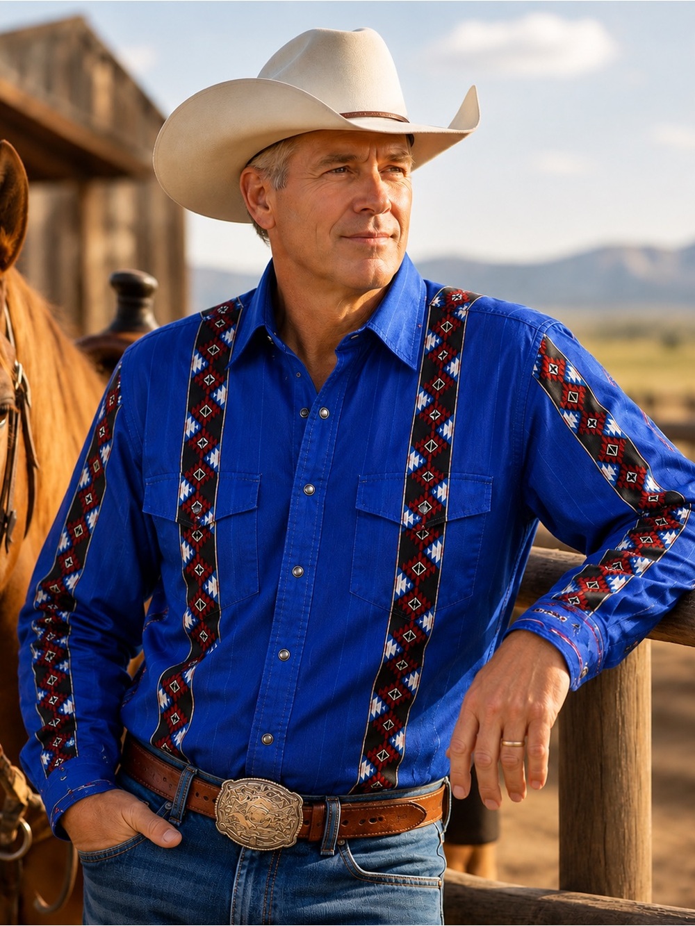 Vintage Wrangler Western Shirt Blue Southwestern Aztec Print Lapis Snap Men’s L